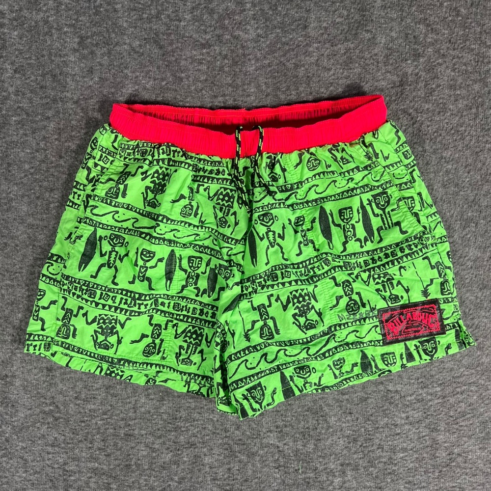 Vintage 1980s Billabong Swim Trunks Neon Green Tribal Print Made in USA Size 32